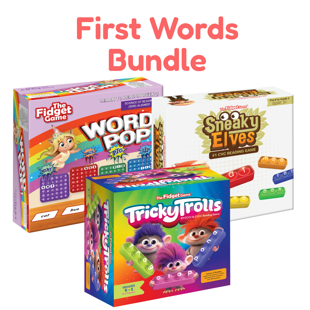 First Words Game Bundle featuring three preschool reading games in boxes: Word Pop, Sneaky Elves, and Tricky Trolls.