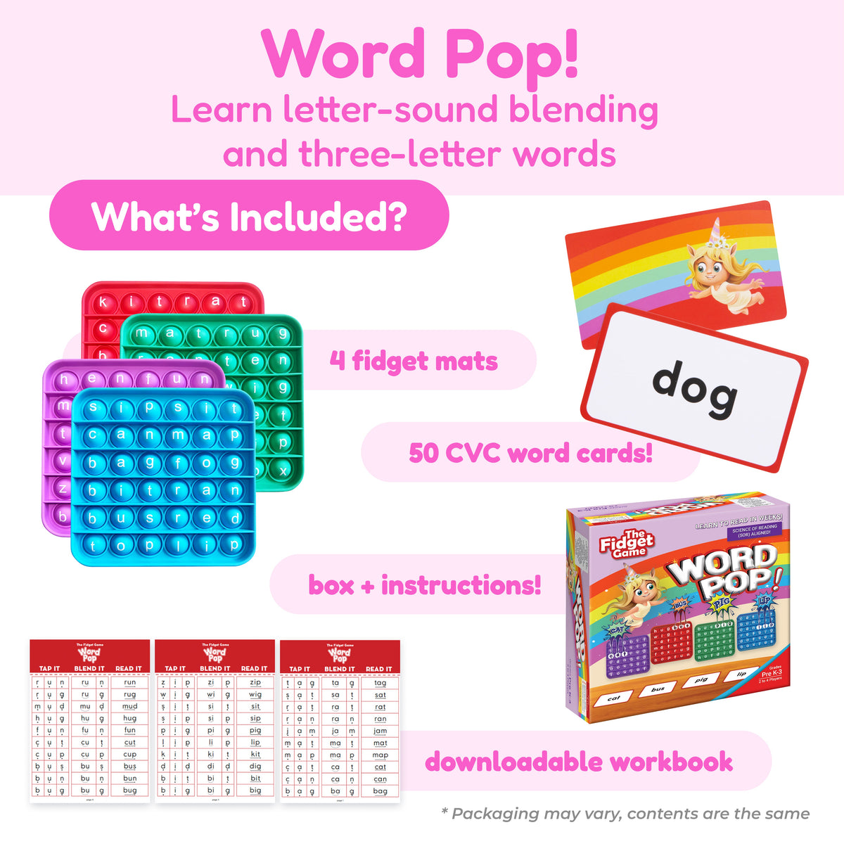 First Words Game Bundle featuring four colorful grid-based fidget mats, a deck of CVC word cards with a unicorn illustration, a game box with instructions, and pages from a downloadable workbook.