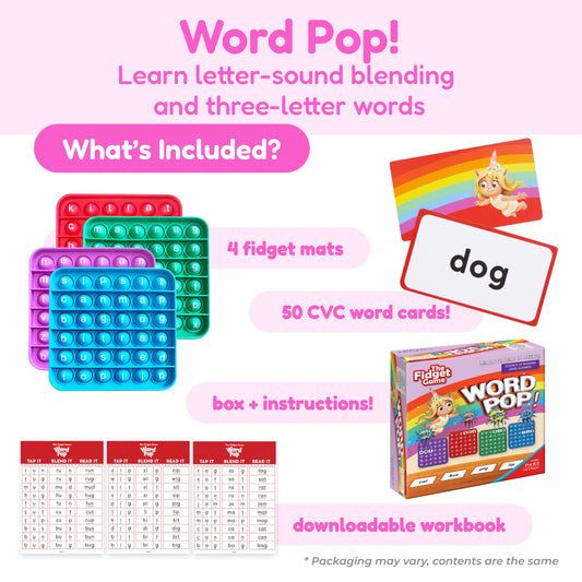 First Words Game Bundle featuring four colorful grid-based fidget mats, a deck of CVC word cards with a unicorn illustration, a game box with instructions, and pages from a downloadable workbook.