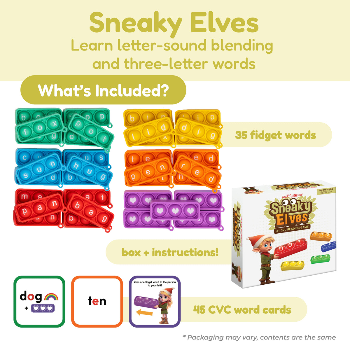 The First Words Game Bundle includes colorful, letter-embossed silicone fidget boards for forming three-letter words, along with instructional word cards and a storage box.