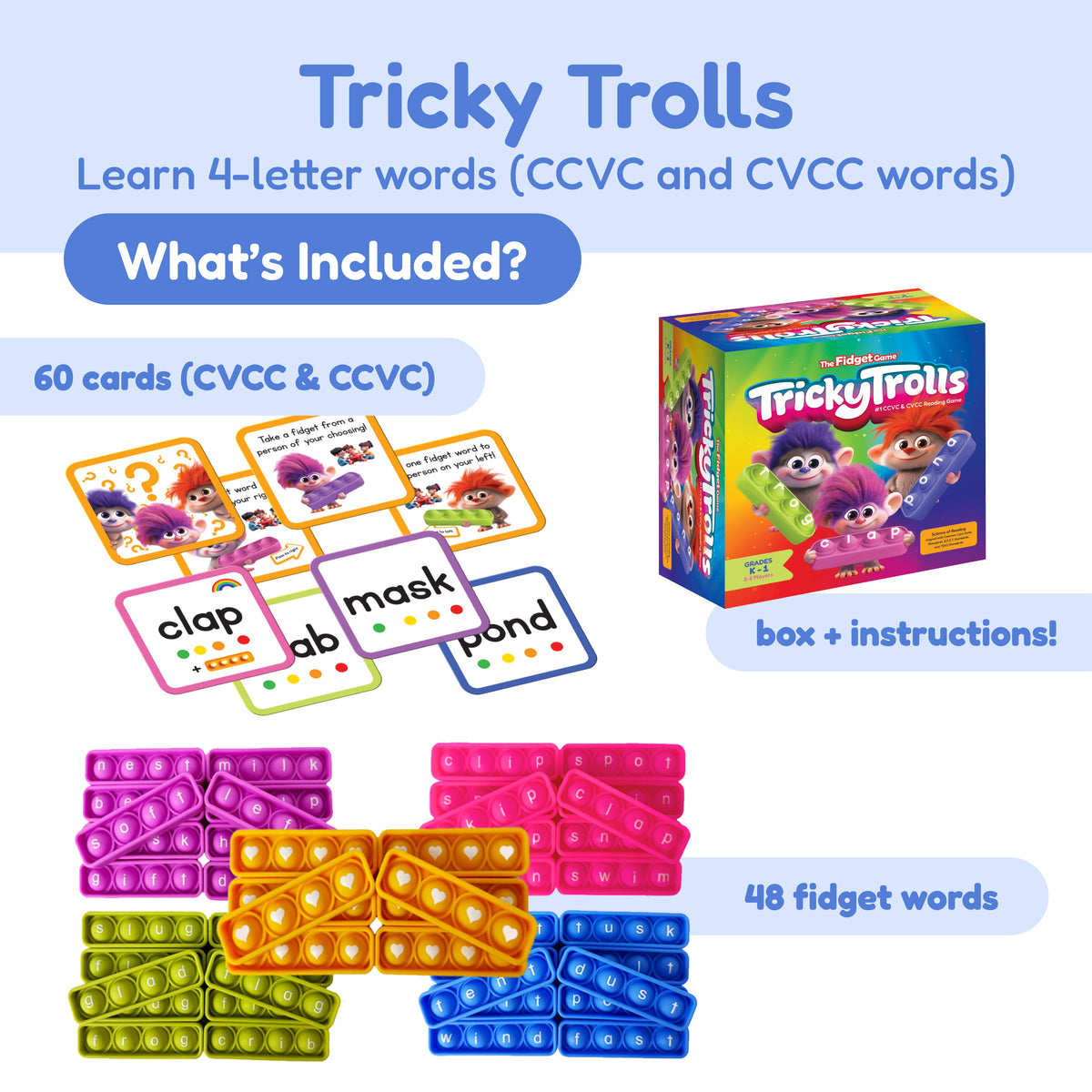First Words Game Bundle featuring a box, instructions, 60 word-and-illustration cards, and 48 letter-embossed silicone pop-it fidget toys for preschool reading games.
