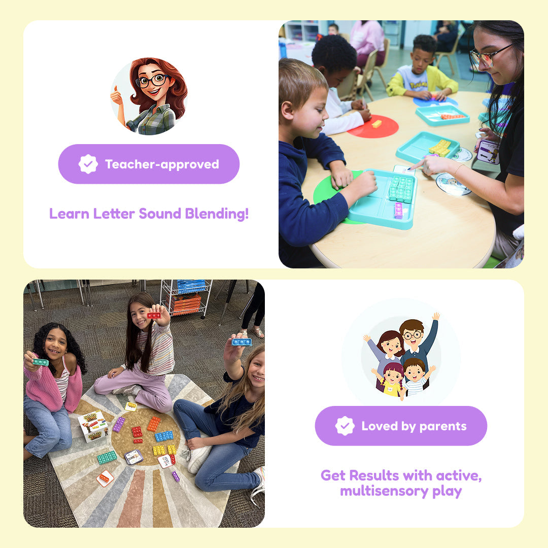 A collage showing a teacher working with children on phonics activities using the First Words Game Bundle, and three girls sitting on a rug playing preschool reading games with colorful letter tiles.