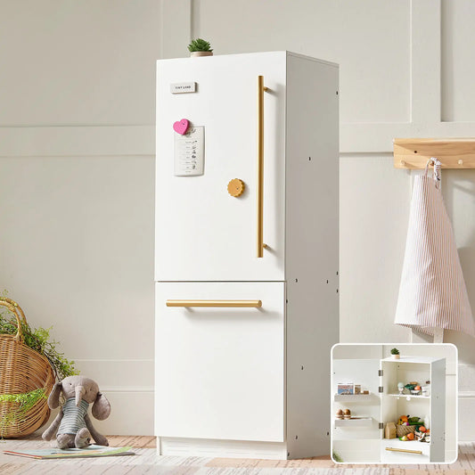 Wooden Play Fridge & Storage Cabinet in white wood with a freezer drawer, gold handles, and a magnetic notepad on the door, with an inset showing the open interior containing toy food for storage.