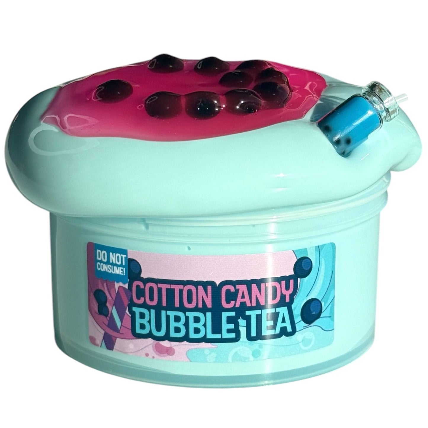 A teal container labeled "Cotton Candy Bubble Tea Slime" (7oz) features a pink, cotton candy-scented top, boba toppings, a cup charm, and a straw. The label warns: DO NOT CONSUME!.