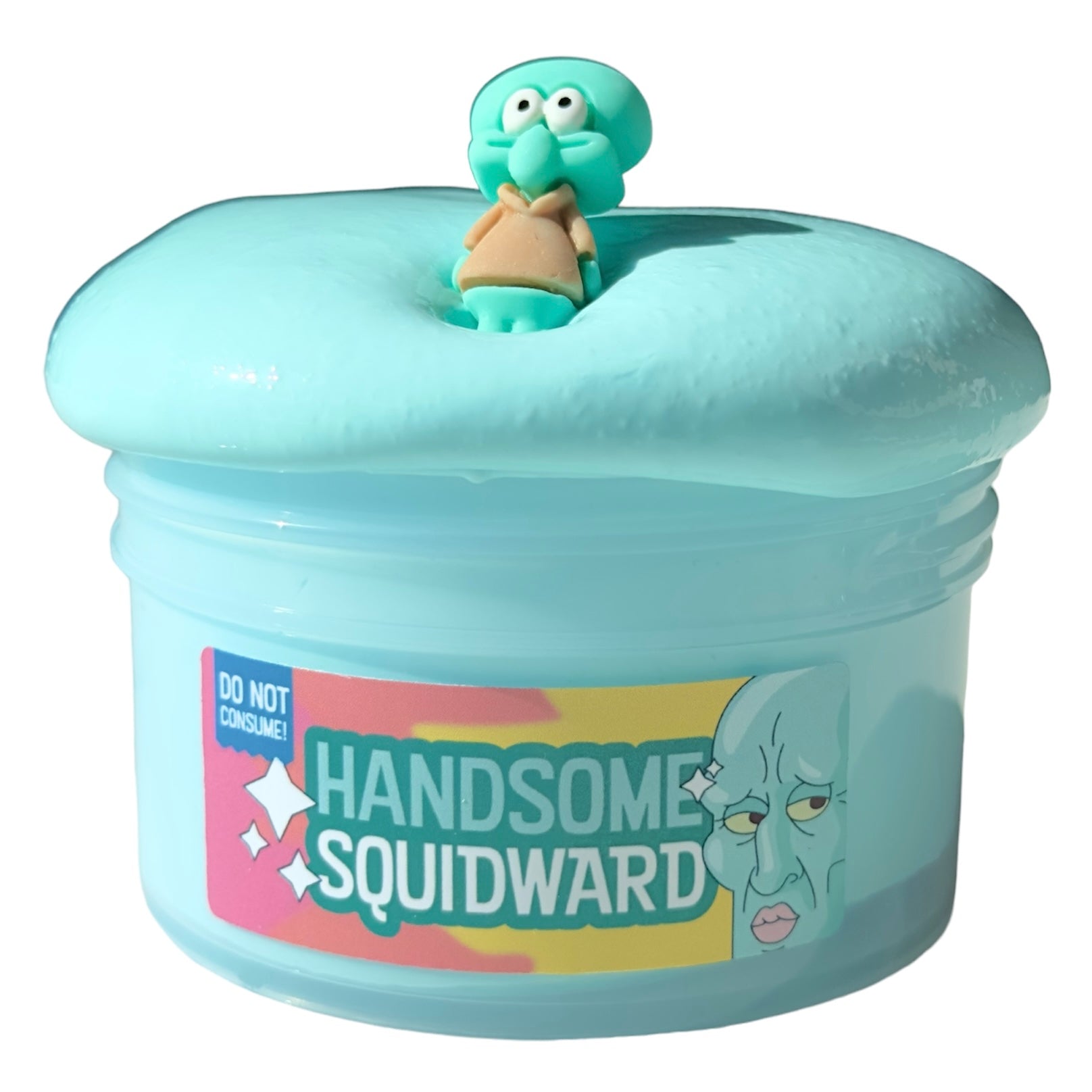 Handsome Squidward Teal Thick and Glossy Lotion, Mango Sorbet Scent, 7 oz, comes with a Squidward charm on top. The lotion looks like a fun treat, but includes a Do Not Consume warning.