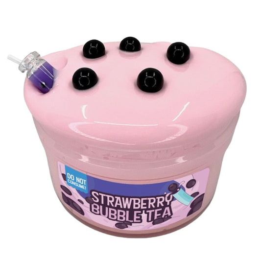 Strawberry Bubble Tea is a thick, glossy, strawberry-scented slime topped with black bubble beads and a fake cup with straw. A “Do Not Consume” label appears on the container.