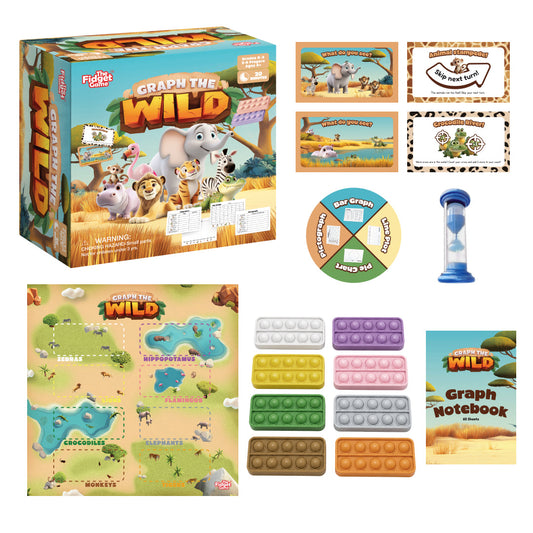 Graph the Wild Data & Graphing Game board game featuring an illustrated habitat board, 10 colorful fidget mats, a circular graph spinner, an hourglass timer, a stack of game cards, and a notebook for learning games.