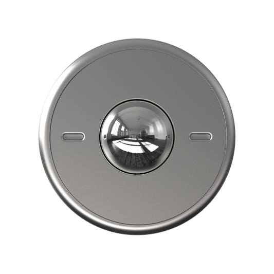 A silver ONO Scroller Aluminum with a reflective, dome-shaped center sits against a plain background. Its sleek design and shiny surface resemble a security camera lens, reflecting the light of a bright indoor room.