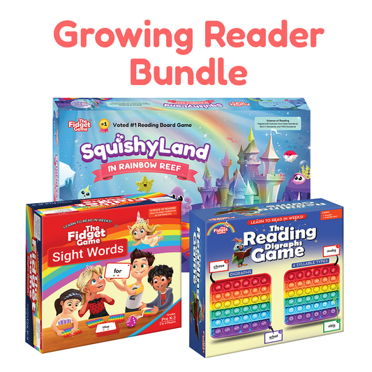 Growing Reader Game Bundle featuring three colorful educational reading games: a fairy-tale themed board game, a sight words card game, and a phonics-based pop-it game.