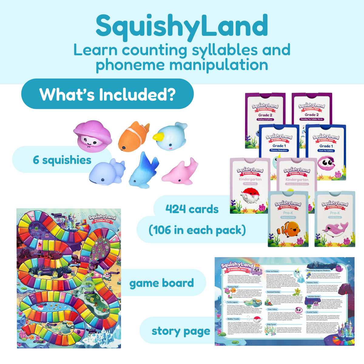 Growing Reader Game Bundle including six silicone sea creature figures, a colorful winding game board, eight packs of phonics learning cards, and a story page.
