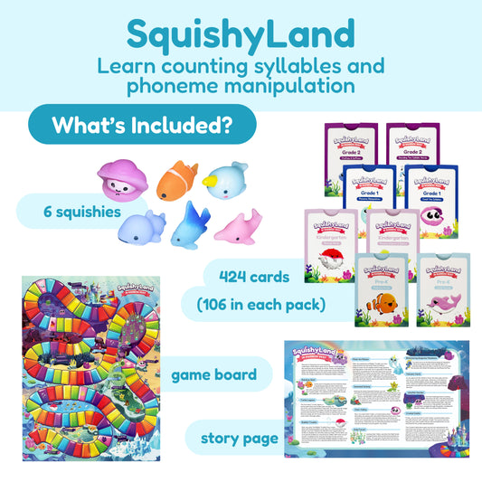 Growing Reader Game Bundle including six silicone sea creature figures, a colorful winding game board, eight packs of phonics learning cards, and a story page.