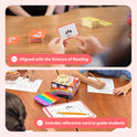 A hand holds a flashcard with the word ate while students use the Growing Reader Game Bundle to engage in reading games with worksheets, a colorful sensory toy, and a box of educational cards at a table.