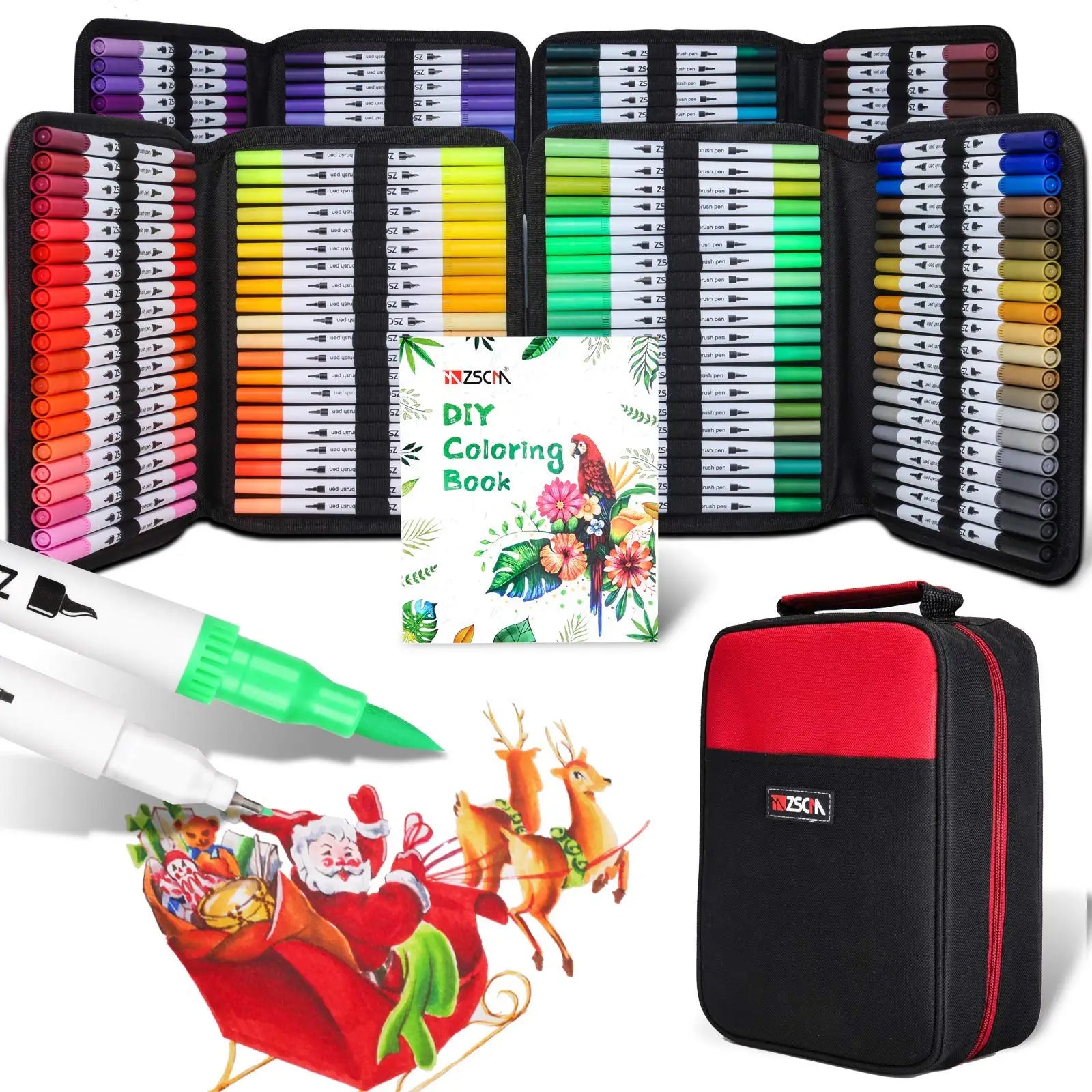A Vibrant Dual Tip Brush Pen Marker Set (12-160 colors) for drawing, coloring, and sketching is shown in an open black case with a floral DIY coloring book. A red carrying case accompanies it with an illustration of Santa in a sleigh at the bottom.