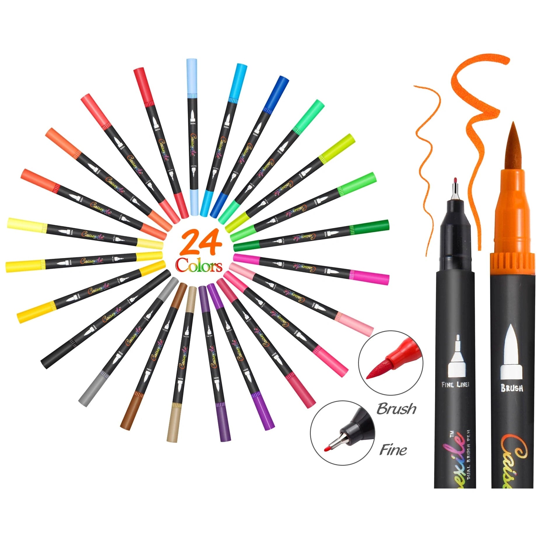 The Vibrant Dual Tip Brush Pen Marker Set, available in 12 to 160 colors, features a wide color range ideal for creative drawing and sketching. The orange pen prominently showcases its dual-tip versatility with dynamic lines highlighting both fine and brush tips.