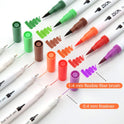 The Vibrant Dual Tip Brush Pen Marker Set (12 to 160 colors) is displayed with caps off, highlighting a range of colors like green, brown, orange, and purple. Each pen has a 1-4 mm flexible fiber brush and a 0.4 mm fineliner for versatile creative applications.