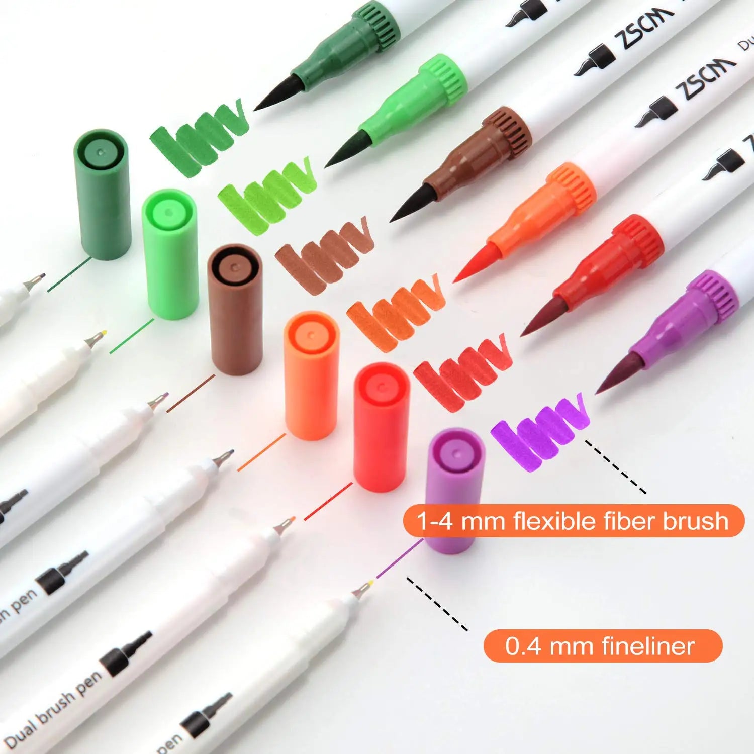 The Vibrant Dual Tip Brush Pen Marker Set (12 to 160 colors) is displayed with caps off, highlighting a range of colors like green, brown, orange, and purple. Each pen has a 1-4 mm flexible fiber brush and a 0.4 mm fineliner for versatile creative applications.