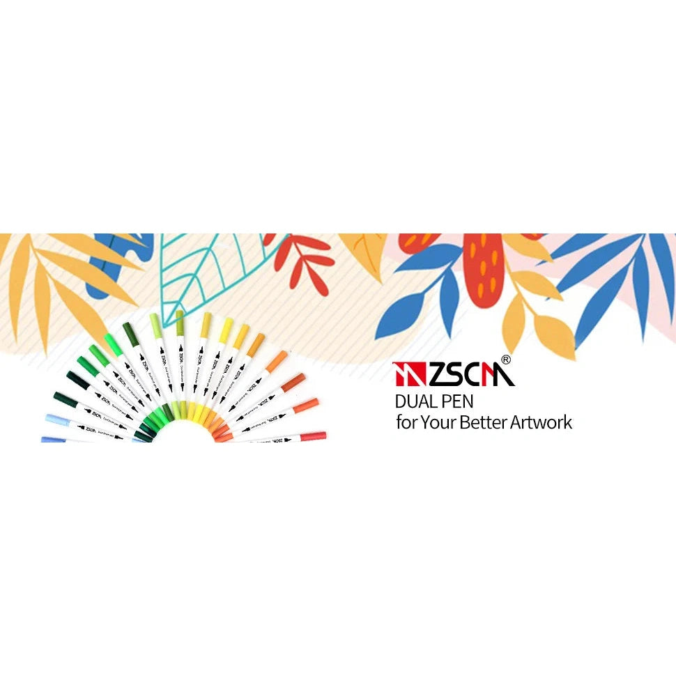 Vibrant Dual Tip Brush Pen Markers are arranged in a circle on a white background, accented by abstract orange, red, and blue leaves. The text ZSCM Dual Pen for Your Better Artwork highlights the versatile applications of the set, available in 12 to 160 colors for creative drawing and sketching.