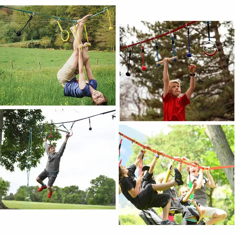 Backyard Adventure Ninja Warrior Obstacle Course Kit - 12m Slackline with Climbing Net and Hanging Challenges for Kids