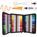 Open black zippered case displaying the Vibrant Dual Tip Brush Pen Marker Set, available in 12 to 160 colors, neatly arranged on both sides. Enlarged above are two pen tips—one fine tip and one brush tip, both shown in orange.