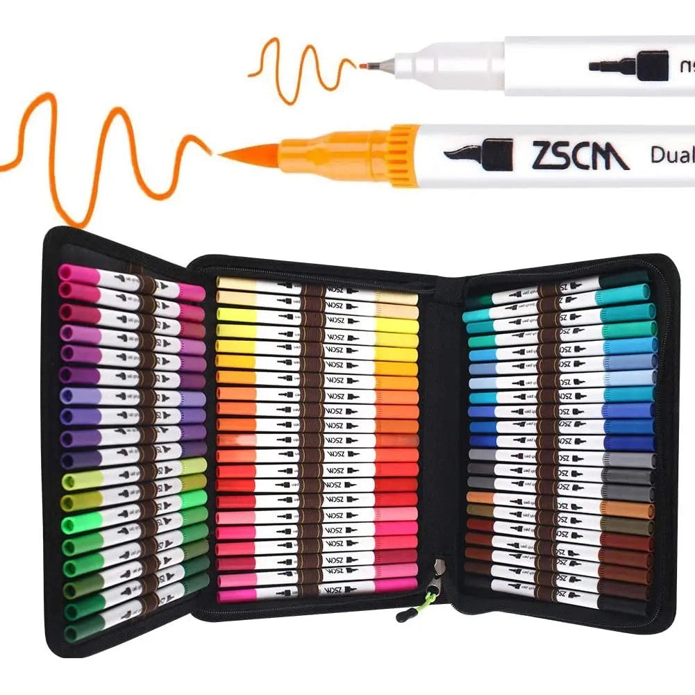 Open black zippered case displaying the Vibrant Dual Tip Brush Pen Marker Set, available in 12 to 160 colors, neatly arranged on both sides. Enlarged above are two pen tips—one fine tip and one brush tip, both shown in orange.