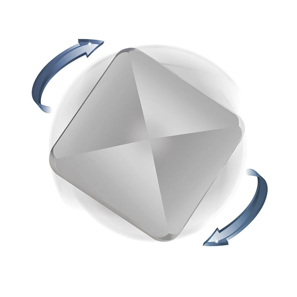A Plastic Desk Toy Kinetic Skill Desktop Flip Rotating Pocket Fidget Spinner from VKTECH spins on a white background, shown with two blue curved arrows to indicate its rotation. Manufactured in Mainland China.