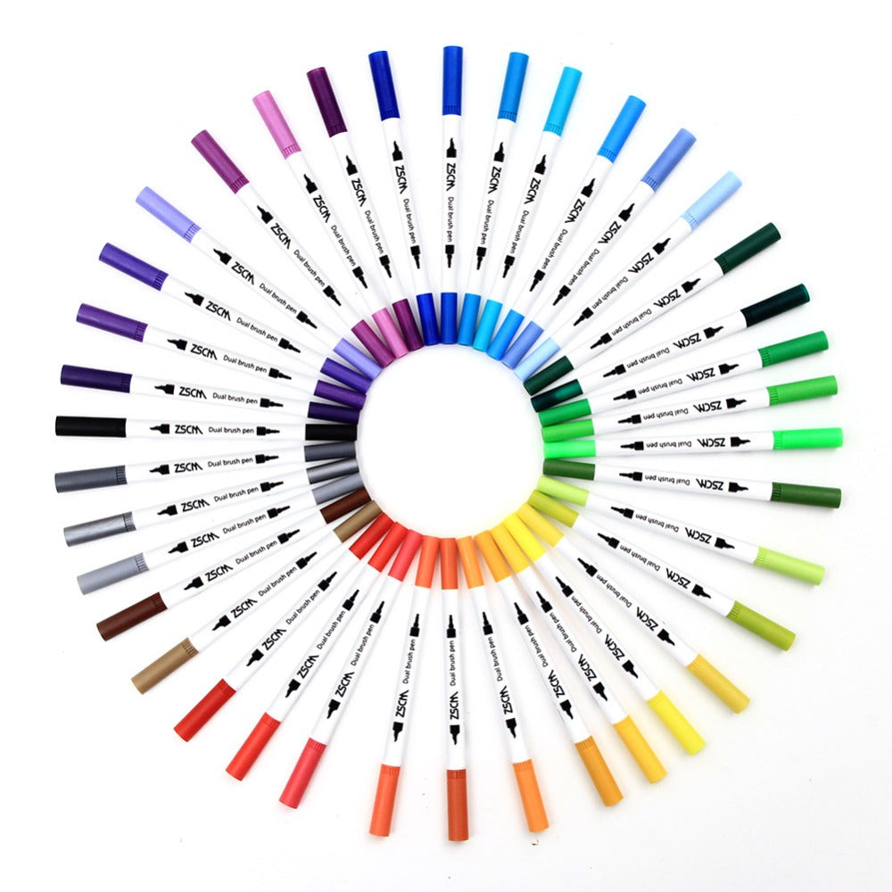 A vibrant circular display of dual tip brush pen markers with white casings showcases a colorful range, featuring reds, pinks, purples, blues, greens, yellows, browns, and oranges. This set offers 12 to 160 colors for creative drawing and sketching.
