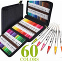 The Vibrant Dual Tip Brush Pen Marker Set showcases 60 colors in an open black zippered case. Five markers are on display, featuring both broad and fine tips. Bold green 60 Colors text at the bottom highlights the variety, perfect for creative drawing, coloring, and sketching.