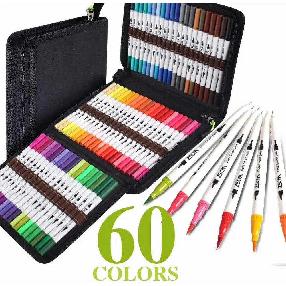 The Vibrant Dual Tip Brush Pen Marker Set showcases 60 colors in an open black zippered case. Five markers are on display, featuring both broad and fine tips. Bold green 60 Colors text at the bottom highlights the variety, perfect for creative drawing, coloring, and sketching.