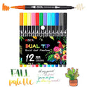 The Vibrant Dual Tip Brush Pen Marker Set, with 12 to 160 colors for creative drawing, coloring, and sketching, is displayed vertically in packaging featuring colorful botanical designs. A showcased marker displays both brush and fine tips amid decorative text and illustrations.