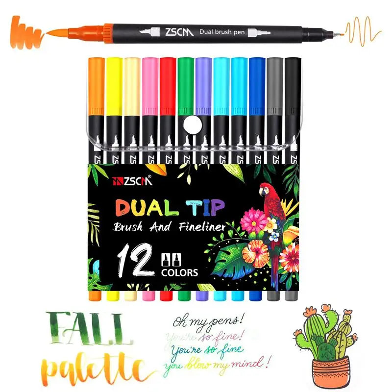 The Vibrant Dual Tip Brush Pen Marker Set, with 12 to 160 colors for creative drawing, coloring, and sketching, is displayed vertically in packaging featuring colorful botanical designs. A showcased marker displays both brush and fine tips amid decorative text and illustrations.