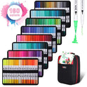 Discover the Vibrant Dual Tip Brush Pen Marker Set with 160 colors, each tip shown with a green line. Organized in a gradient pattern, these pens come in a black carrying case featuring a floral design on the zippered pouch.