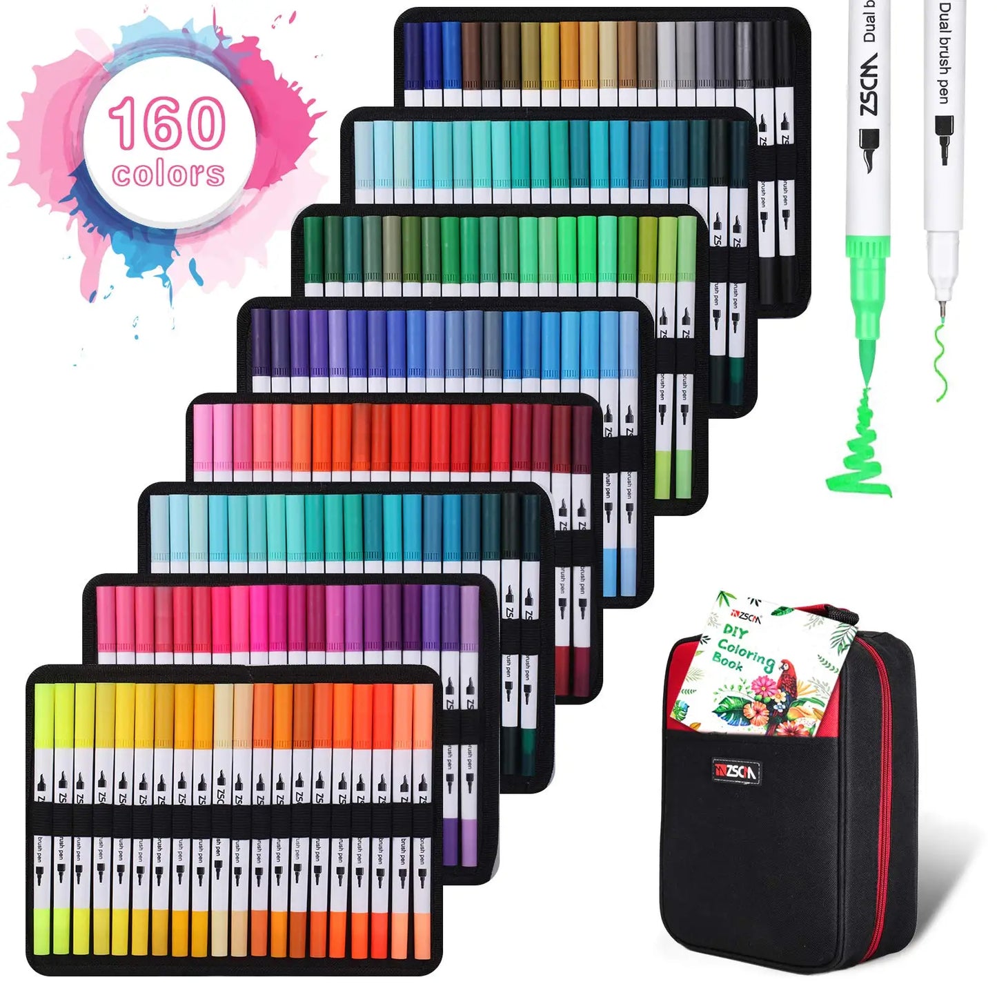 Discover the Vibrant Dual Tip Brush Pen Marker Set with 160 colors, each tip shown with a green line. Organized in a gradient pattern, these pens come in a black carrying case featuring a floral design on the zippered pouch.