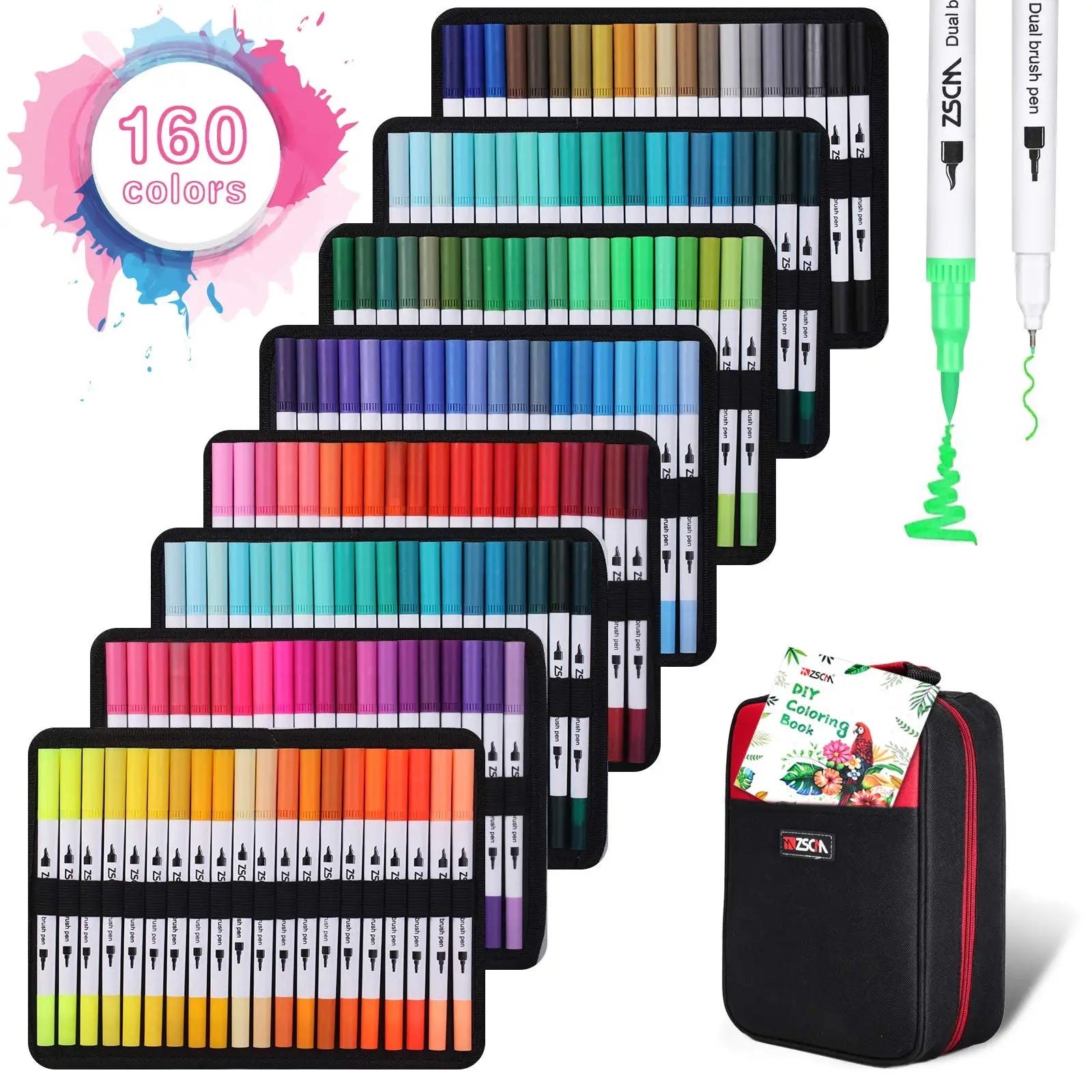 Discover the Vibrant Dual Tip Brush Pen Marker Set with 160 colors, each tip shown with a green line. Organized in a gradient pattern, these pens come in a black carrying case featuring a floral design on the zippered pouch.