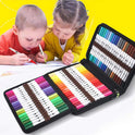 Two children are drawing with markers beside a table where a Vibrant Dual Tip Brush Pen Marker Set, featuring 12 to 160 colors for creative drawing, coloring, and sketching, is open. The background is bright yellow.