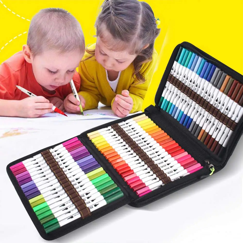 Two children are drawing with markers beside a table where a Vibrant Dual Tip Brush Pen Marker Set, featuring 12 to 160 colors for creative drawing, coloring, and sketching, is open. The background is bright yellow.
