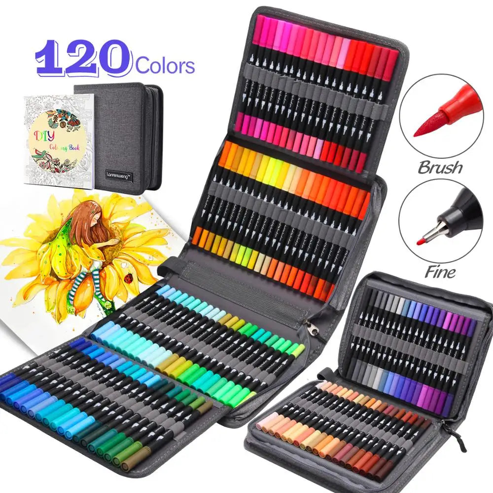 A set of vibrant dual-tip brush pens, available in 12 to 160 colors for creative drawing, is elegantly displayed in an open fabric case. Each pen has a brush and fine tip shown in close-up circles, with an illustrated sunflower card and the pen case beautifully arranged beside the colorful collection.