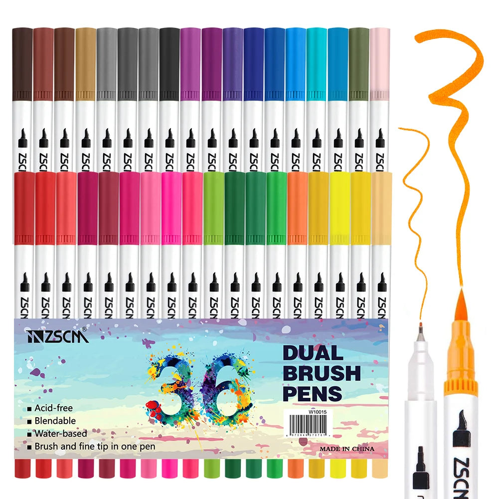The Vibrant Dual Tip Brush Pen Marker Set offers 36 colors, each with brush and fine tips. These acid-free, blendable, water-based pens ensure smooth application. The orange pen highlights its dual functions within the set.
