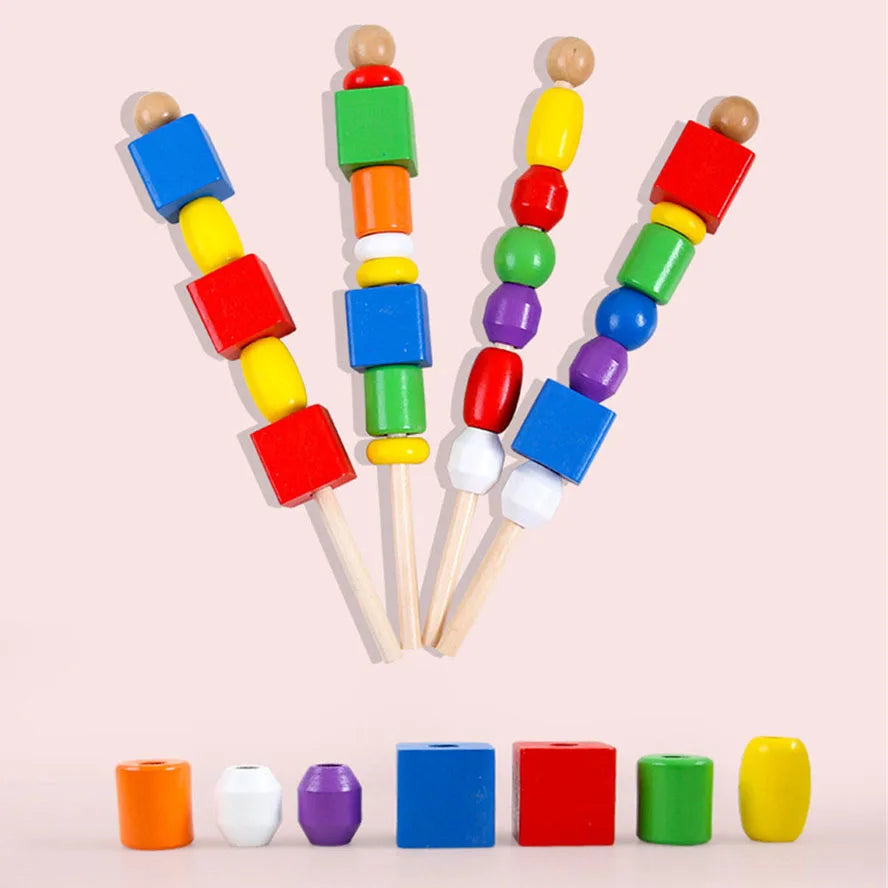 Wooden Montessori Materials Game for Kid Children Bead Sequencing Set Colorful Shape Stick Beading Beading Block Classic Toys