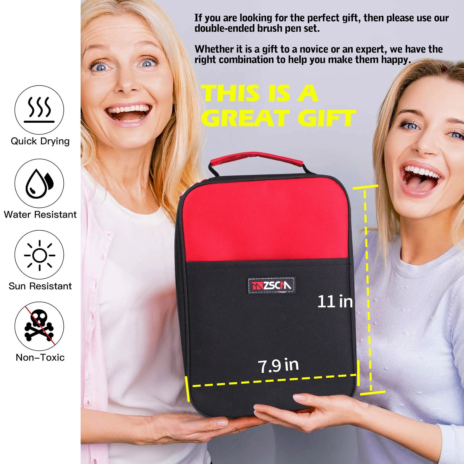 Two smiling women hold the Vibrant Dual Tip Brush Pen Marker Set in a red and black case. Key features: quick drying, water and sun-resistant, non-toxic. Text at the top says, This is a great gift, 11 x 7.9 inches in size.