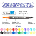 Image showcasing the Vibrant Dual Tip Brush Pen Marker Set, featuring sleek black bodies, vibrant orange caps, 1-4mm and 0.4mm nibs, quick-drying water-based ink, and non-toxic, non-smudging attributes. Enjoy an easy-to-grip triangular shape with an extensive range of 12 to 160 colors below.