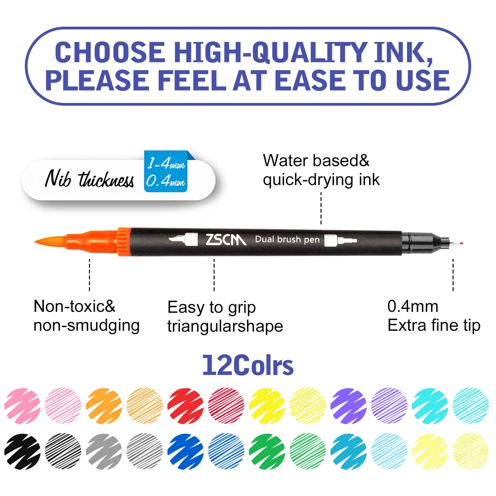 Image showcasing the Vibrant Dual Tip Brush Pen Marker Set, featuring sleek black bodies, vibrant orange caps, 1-4mm and 0.4mm nibs, quick-drying water-based ink, and non-toxic, non-smudging attributes. Enjoy an easy-to-grip triangular shape with an extensive range of 12 to 160 colors below.