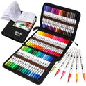A black zippered case reveals the Vibrant Dual Tip Brush Pen Marker Set with 60 colorful markers, including red, blue, and green. An open coloring book displays intricate designs beside six laid-out markers.
