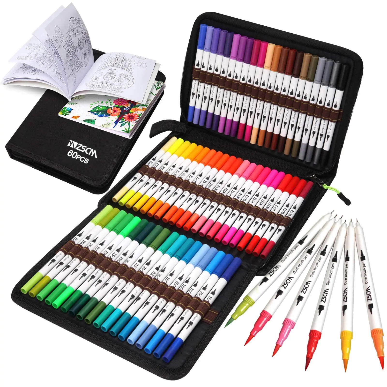 A black zippered case reveals the Vibrant Dual Tip Brush Pen Marker Set with 60 colorful markers, including red, blue, and green. An open coloring book displays intricate designs beside six laid-out markers.