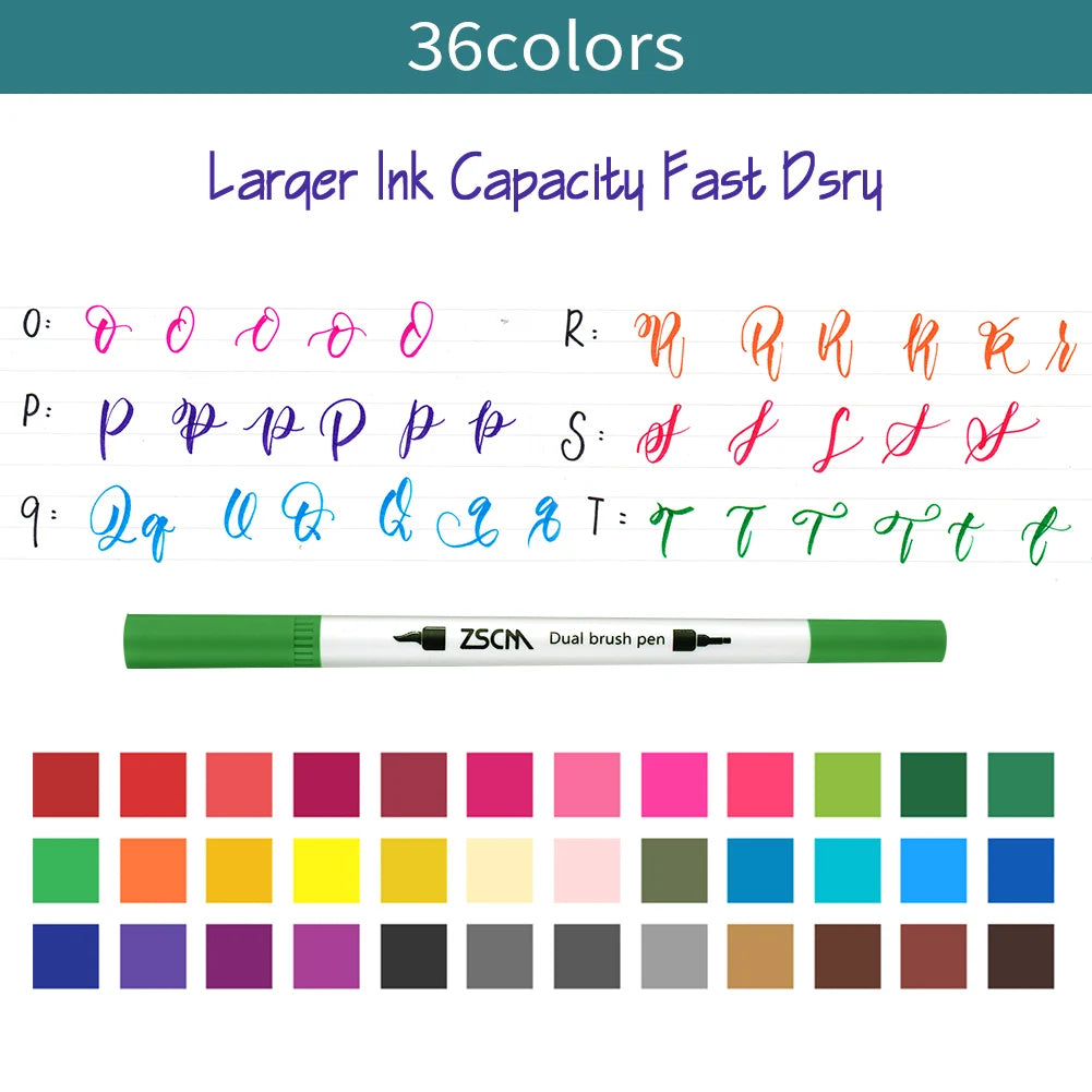 A color chart and alphabet sample show vibrant brush pens in 36 bright colors. The text reads Larger Ink Capacity Fast Dry, with a green pen from the set below. This is part of the Vibrant Dual Tip Brush Pen Marker Set, available in 12 to 160 colors for drawing, coloring, and sketching.