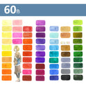 A person in a brown coat and blue skirt stands blending into an array of 60 vibrant colors in rectangular swatches. The Vibrant Dual Tip Brush Pen Marker Set, available from 12 to 160 colors, transitions smoothly from light yellow to dark blue and green.