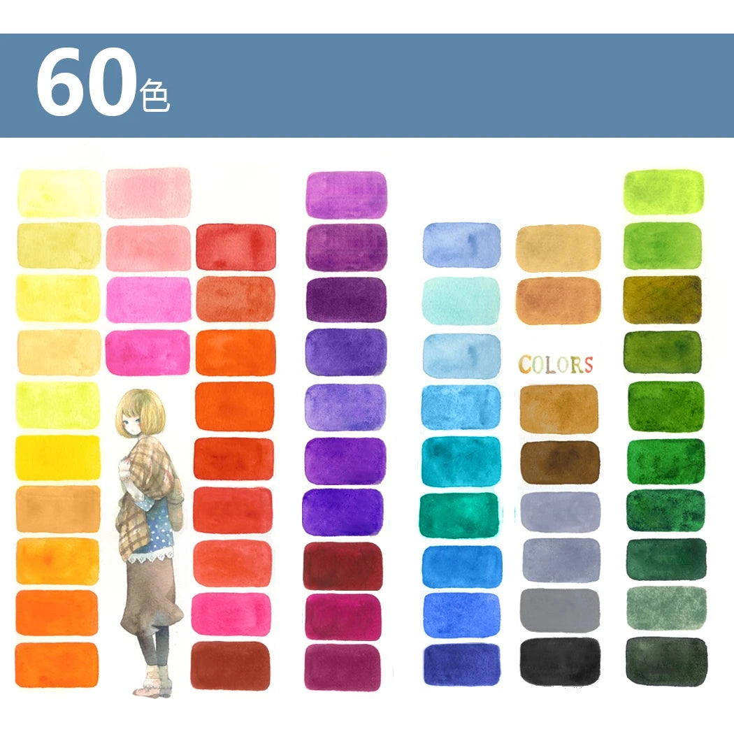A person in a brown coat and blue skirt stands blending into an array of 60 vibrant colors in rectangular swatches. The Vibrant Dual Tip Brush Pen Marker Set, available from 12 to 160 colors, transitions smoothly from light yellow to dark blue and green.