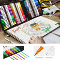 Art supplies on a table include the Vibrant Dual Tip Brush Pen Marker Set, showcasing 12 to 160 colors and an intricate owl sketch. Hands color the image using 1-6mm brush and 0.4mm fine tips, with measuring tapes nearby for versatile use.