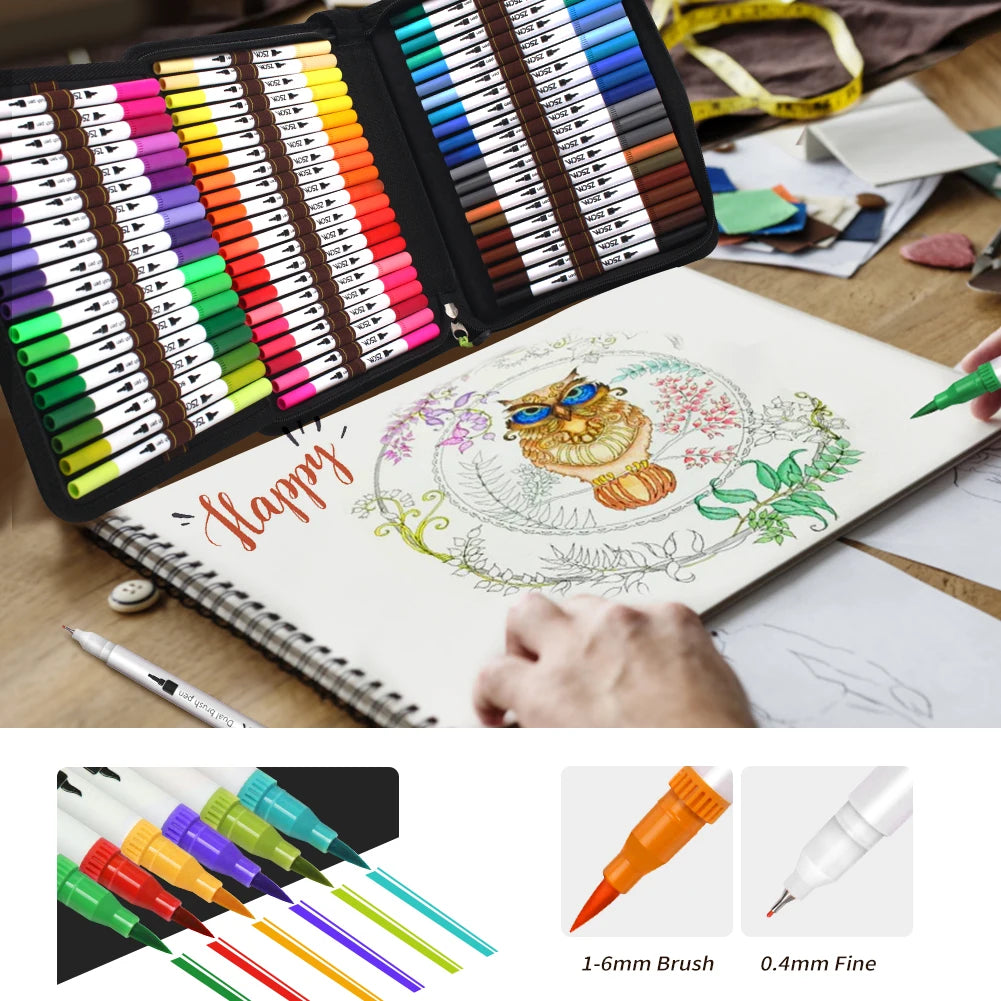 Art supplies on a table include the Vibrant Dual Tip Brush Pen Marker Set, showcasing 12 to 160 colors and an intricate owl sketch. Hands color the image using 1-6mm brush and 0.4mm fine tips, with measuring tapes nearby for versatile use.