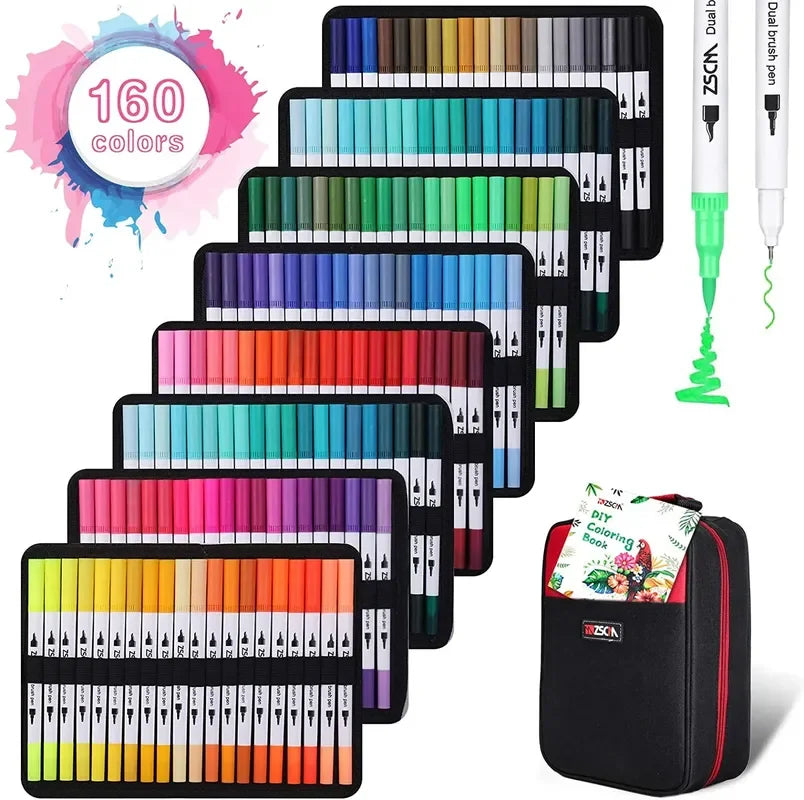 The Vibrant Dual Tip Brush Pen Marker Set offers 160 colors with fine and broad tips, organized into eight trays from red to green gradients, and comes in a black floral-design storage case.