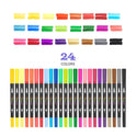 The Vibrant Dual Tip Brush Pen Marker Set features 24 markers displayed in a row, with swatches above. The range includes vibrant shades of yellow, orange, red, pink, green, blue, purple, brown, gray, and black. Ideal for creative drawing.